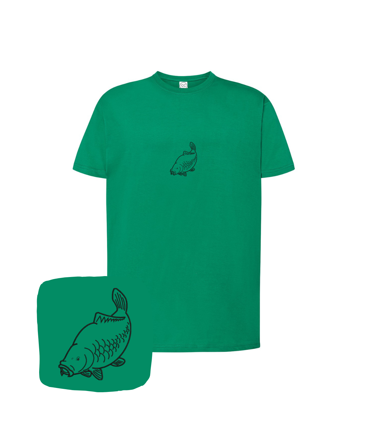 Green t-shirt with embroidered outline of a carp fish, designed by CustomClothes.pl.