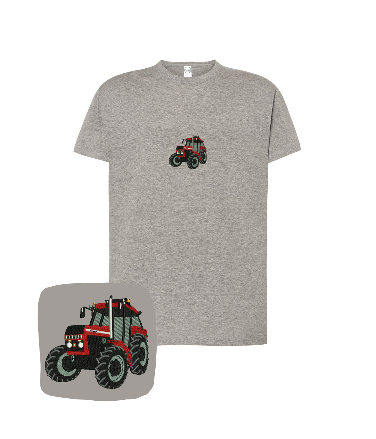 Dark gray cotton T-shirt featuring an embroidered tractor Ursus design from CustomClothes.pl.