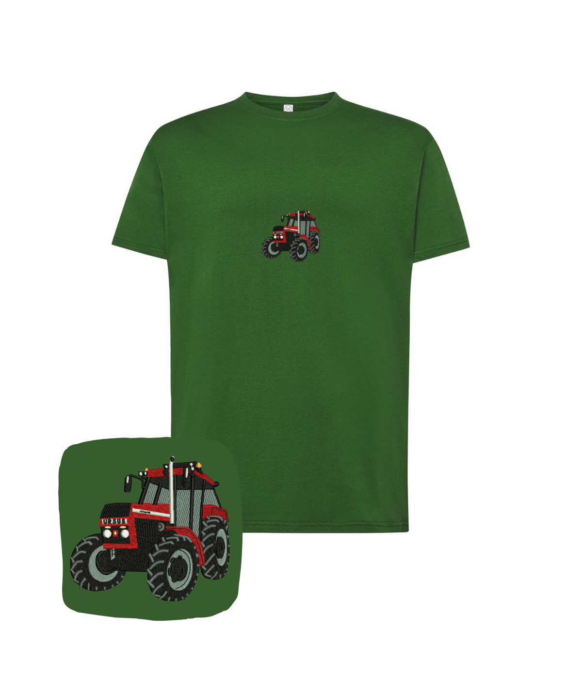 Dark green tractor embroidered T-shirt featuring Ursus logo from CustomClothes.pl, with detailed tractor embroidery on front.