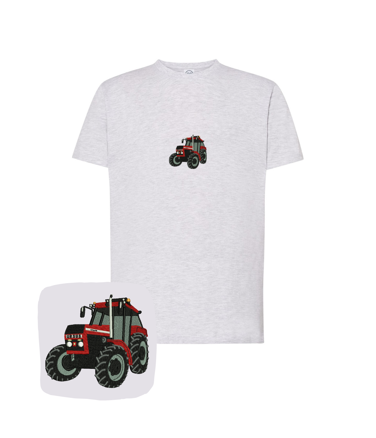Light gray T-shirt with tractor embroidery from Ursus, featuring a detailed tractor design on the front.