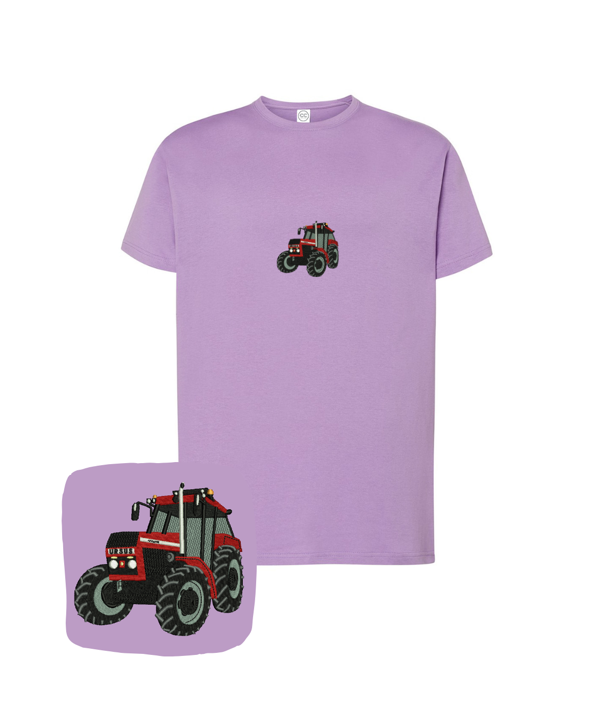 Lavender cotton T-shirt with tractor embroidery from Ursus, featuring detailed tractor design on the front.