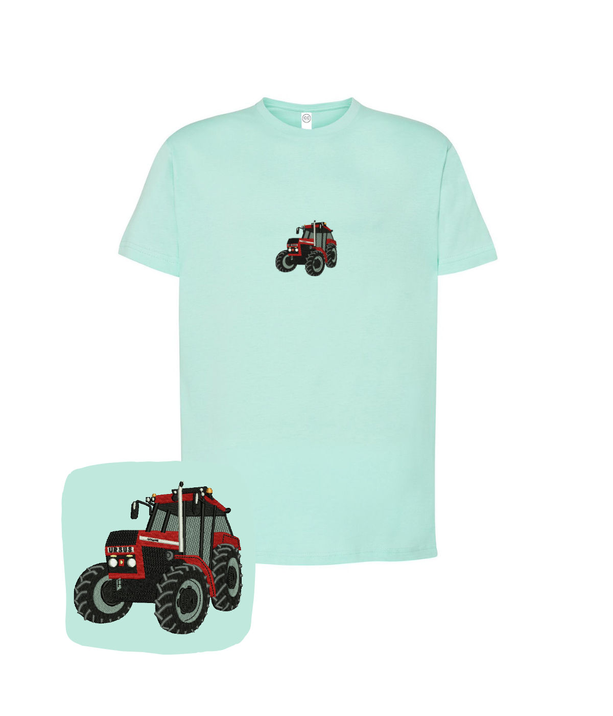 Cream-colored t-shirt with embroidered tractor Ursus logo, featuring detailed tractor design on the front, by CustomClothes.pl.