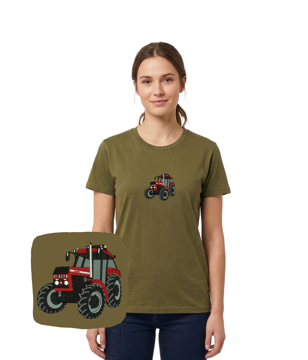 Cotton T-shirt with embroidered tractor Ursus design, front view, casual style, in natural fabric appearance.