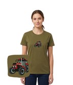 Cotton T-shirt with embroidered tractor Ursus design, front view, casual style, in natural fabric appearance.