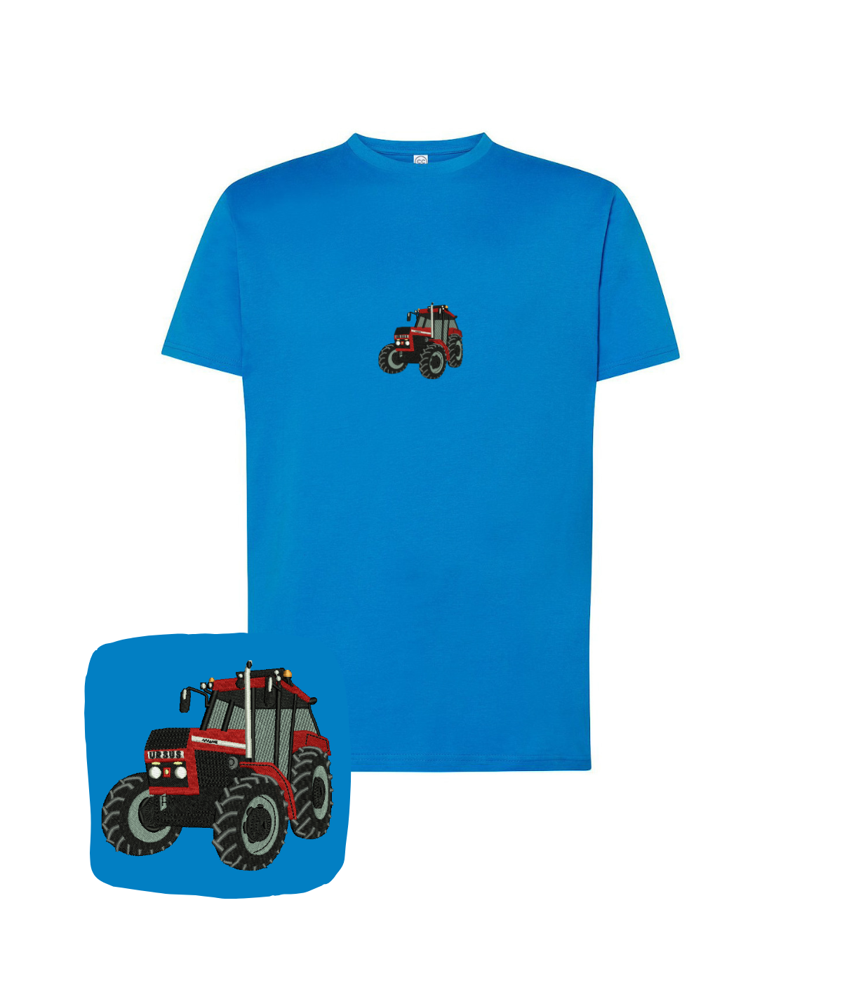 Blue cotton T-shirt with embroidered tractor Ursus design, featuring detailed tractor motif on front.