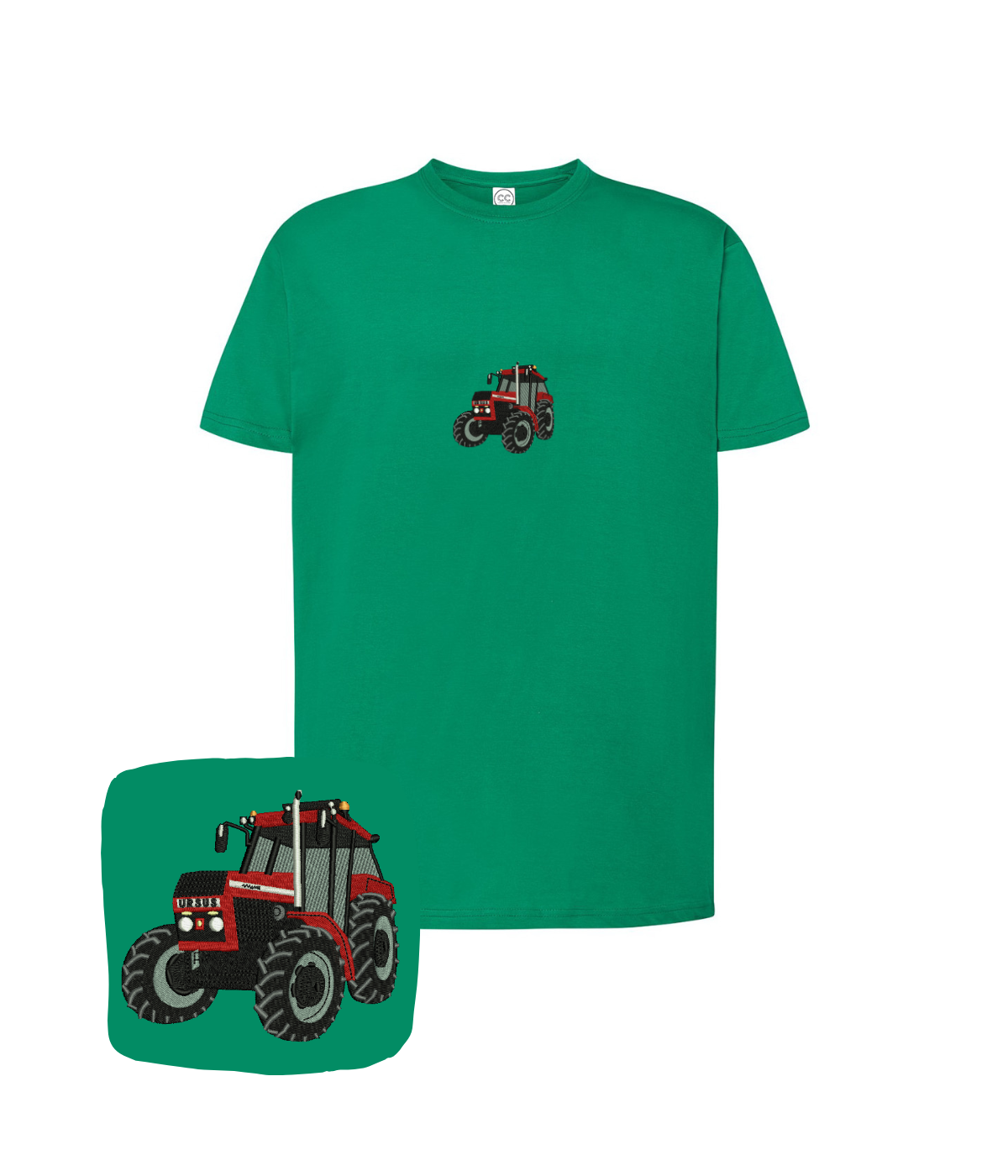 Green T-shirt with tractor embroidery from Ursus, featuring detailed tractor design on the front.