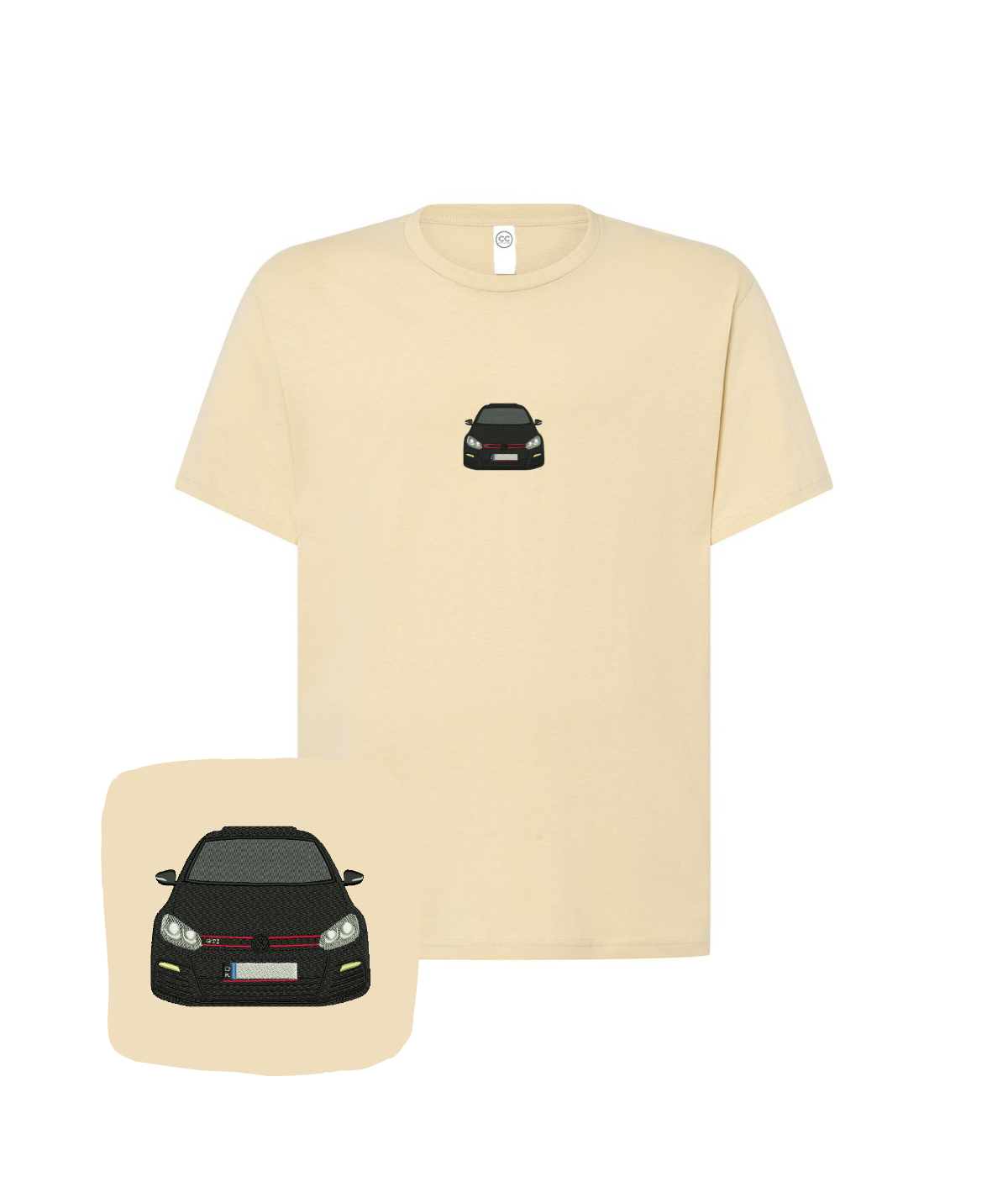 Beżowa koszulka z haftem VW Golf GTI od CustomClothes.pl, widoczny nadruk na przodzie, casual styl, wysokiej jakości bawełna.