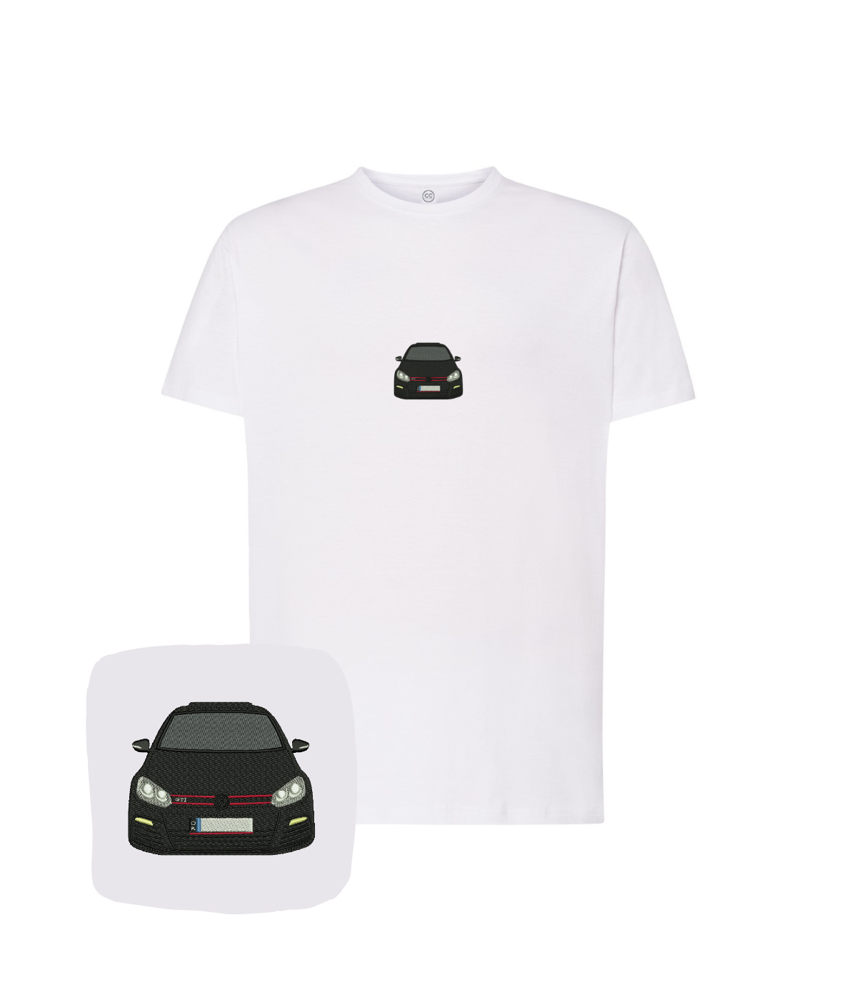 White VW Golf GTI embroidered T-shirt by CustomClothes.pl featuring a detailed GTI logo design on the front.