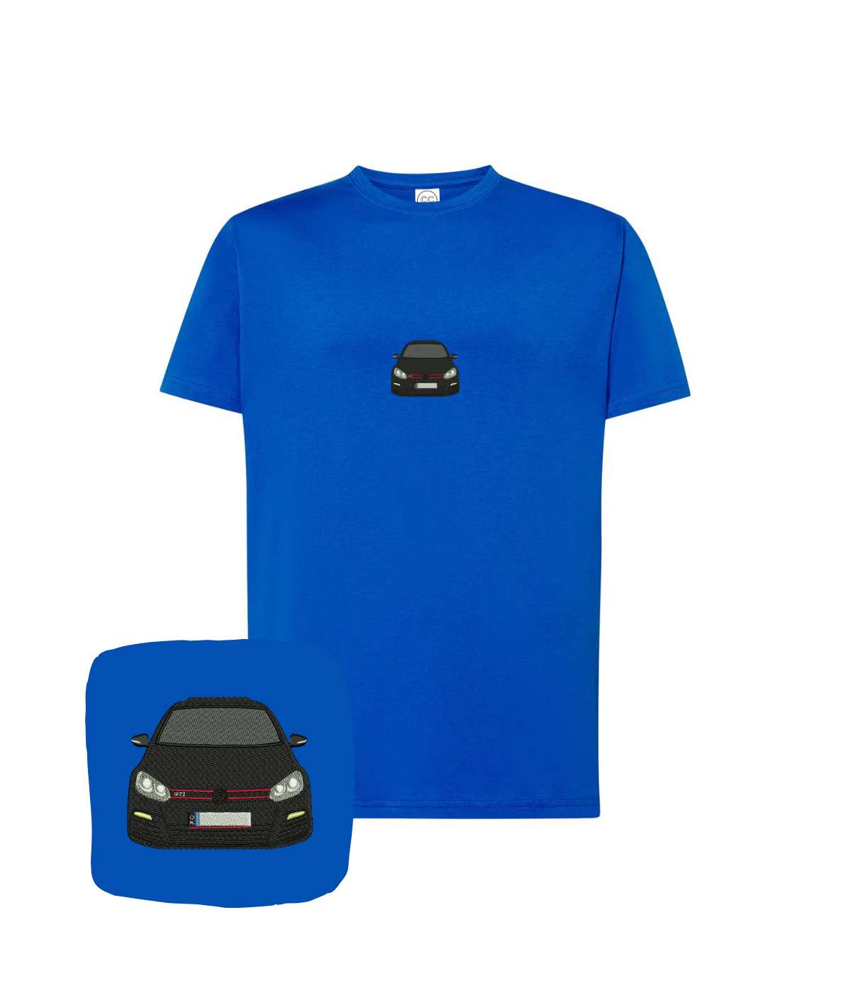 Dark blue VW Golf GTI embroidered T-shirt from CustomClothes.pl featuring a stylish embroidered VW Golf GTI design.