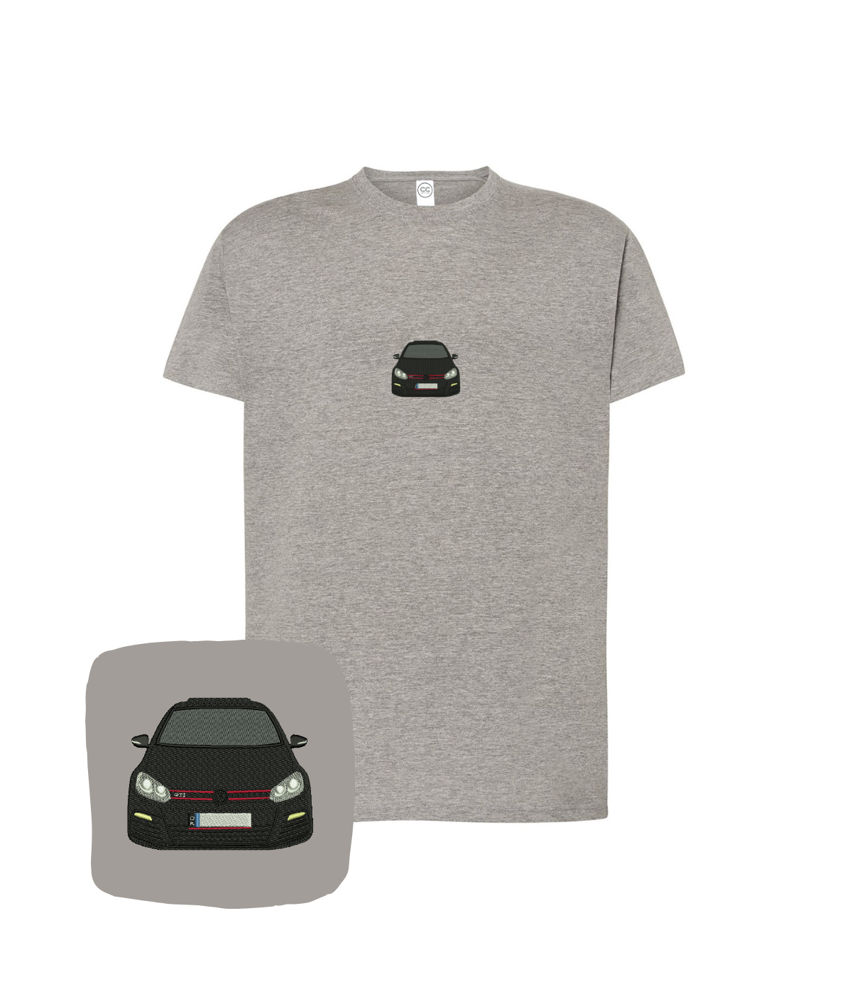 Dark gray VW Golf GTI embroidered T-shirt from CustomClothes.pl featuring a detailed vehicle design on the front.