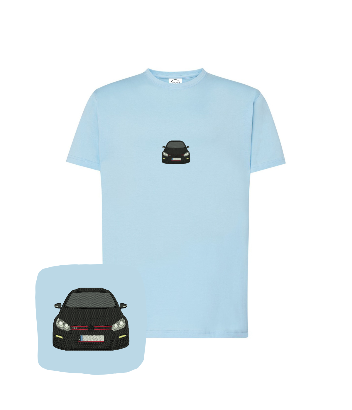 Light blue VW Golf GTI embroidered t-shirt by CustomClothes.pl featuring a detailed Golf GTI logo on the front.