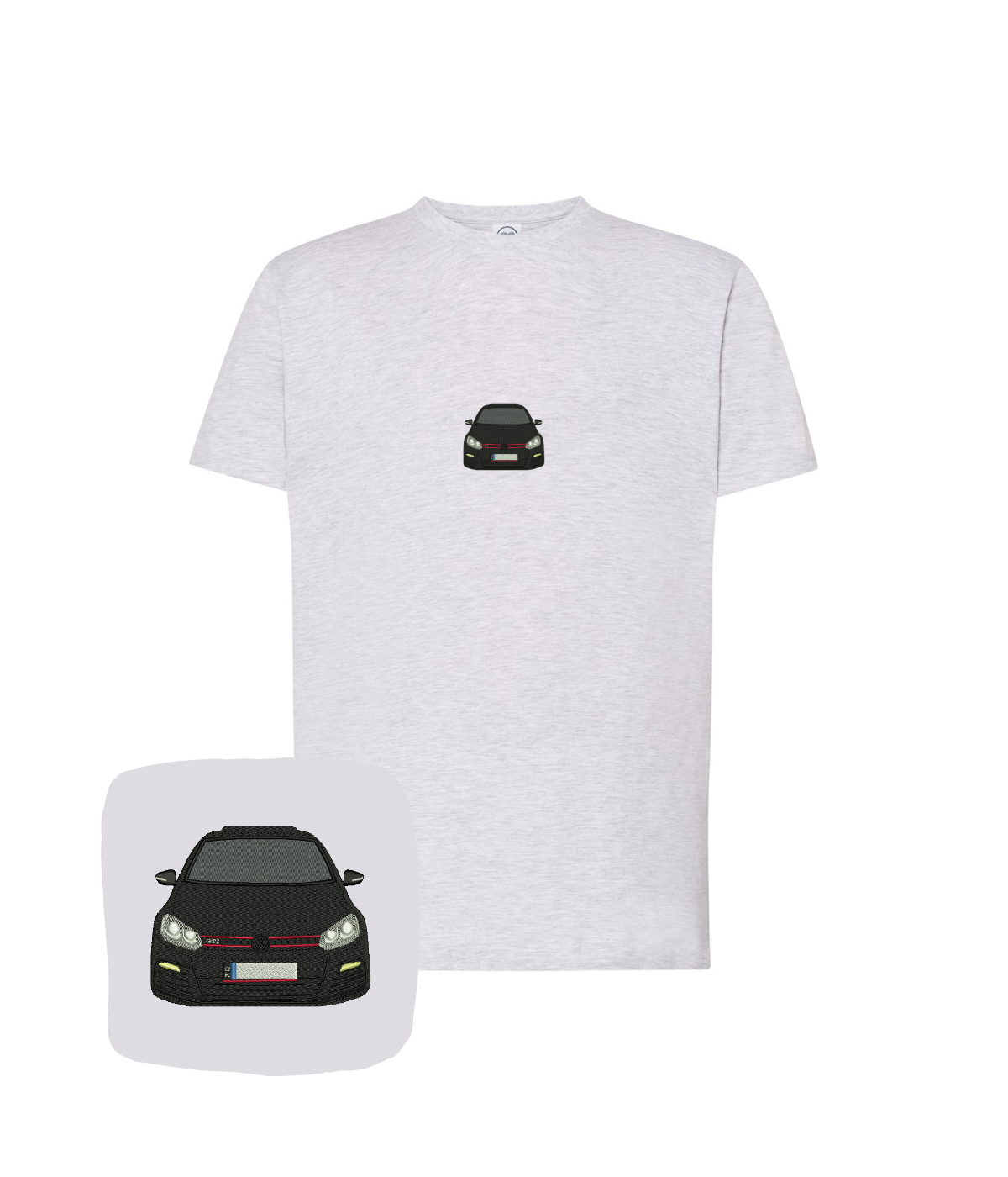 Light gray VW Golf GTI embroidered T-shirt by CustomClothes.pl, featuring a detailed VW Golf GTI logo and embroidery on the front.