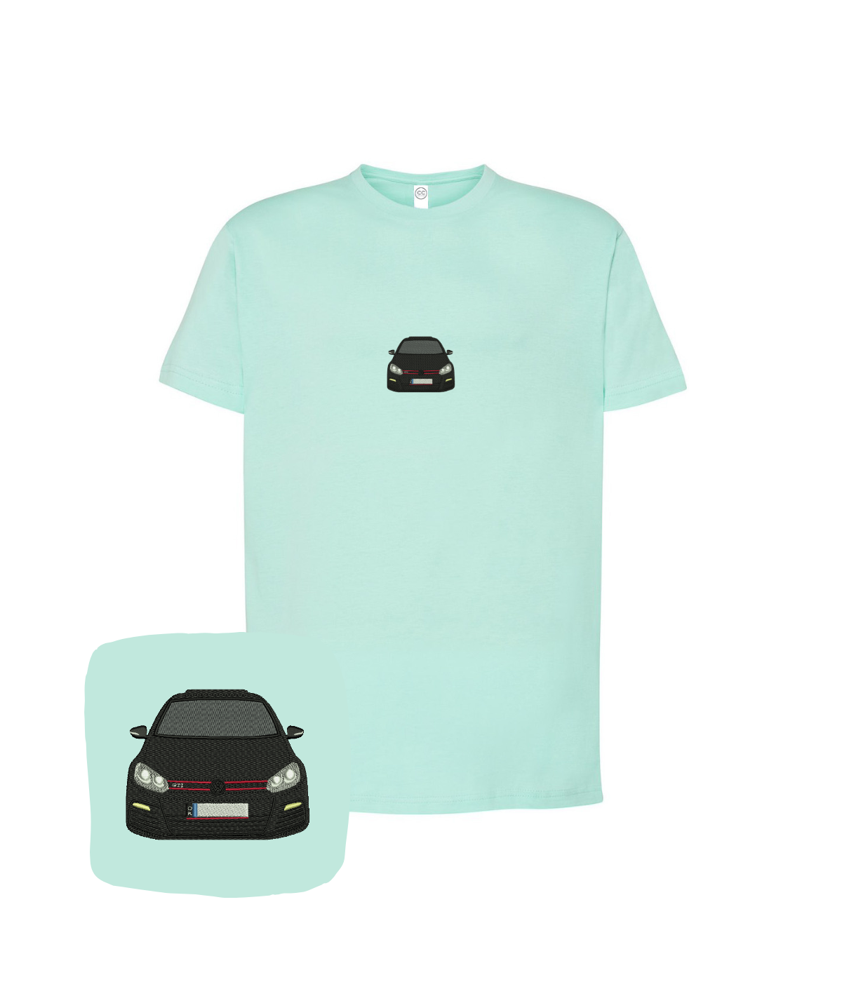 Light green VW Golf GTI embroidered T-shirt from CustomClothes.pl featuring a detailed VW logo and classic design.