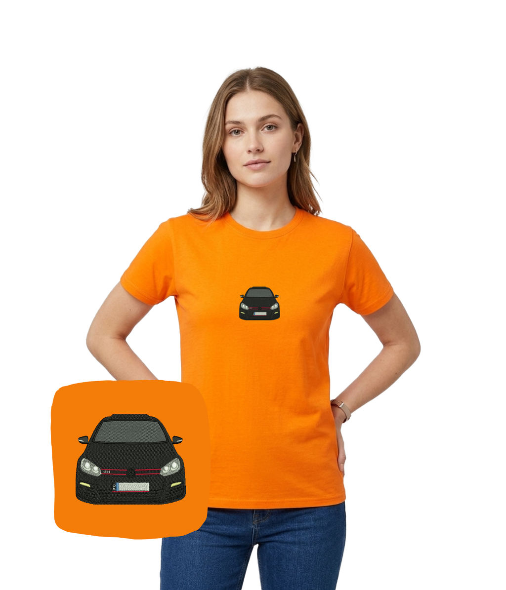 Black T-shirt with VW Golf GTI embroidered logo, front view, casual style, from CustomClothes.pl.
