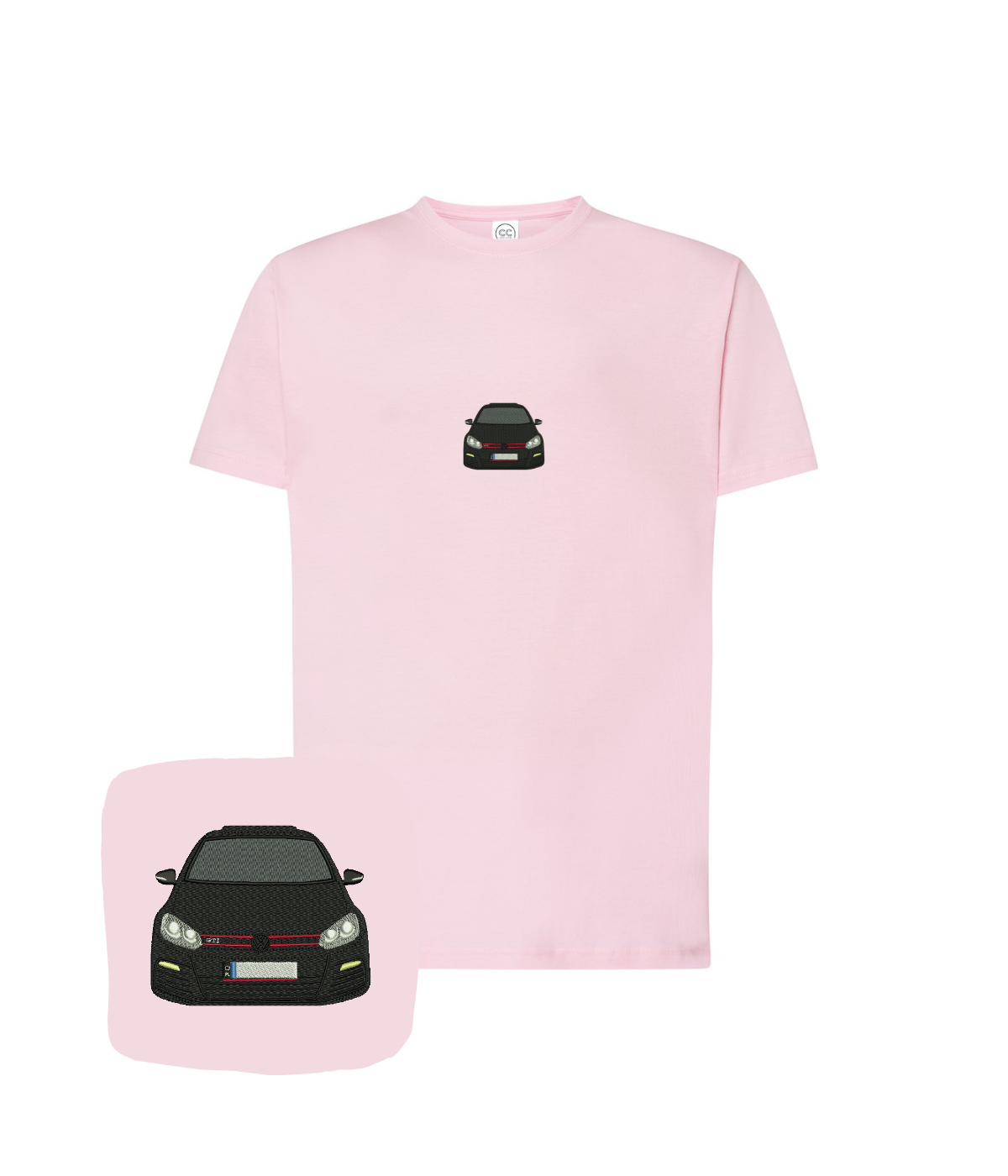 Pink VW Golf GTI embroidered t-shirt by CustomClothes.pl featuring detailed front embroidery of the iconic car model.