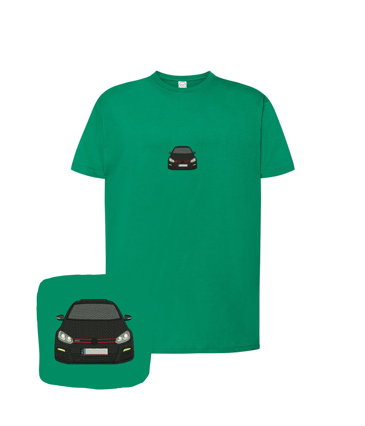 Green VW Golf GTI embroidered T-shirt from CustomClothes.pl, featuring a detailed Golf GTI logo embroidery on the front.