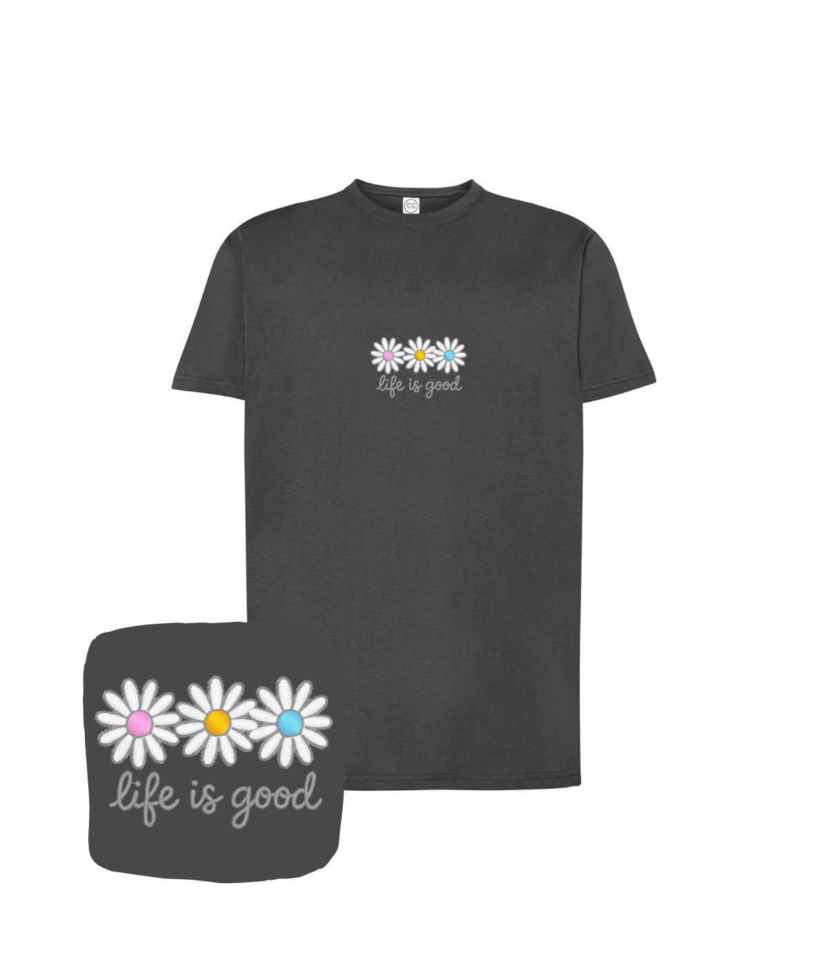 Koszulka z haftem stokrotek life is good – koszulka life is good dostępna w wielu kolorach