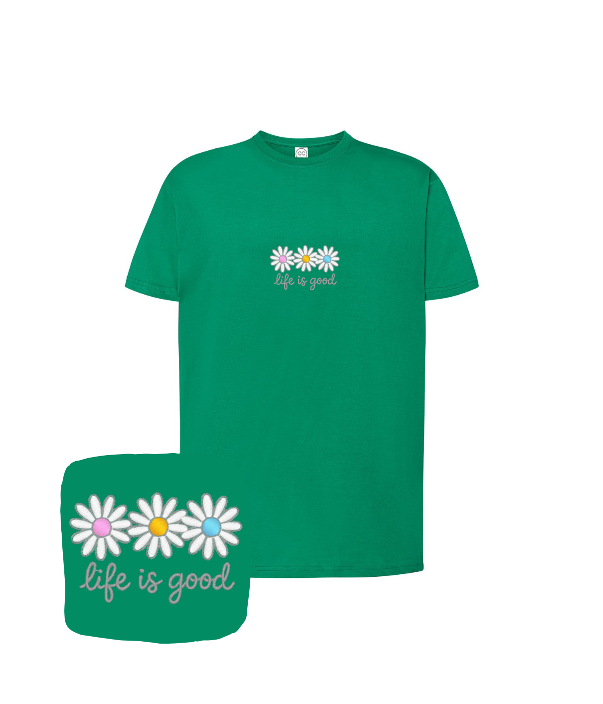 Koszulka z haftem stokrotek life is good – koszulka z napisem life is good, personalizacja