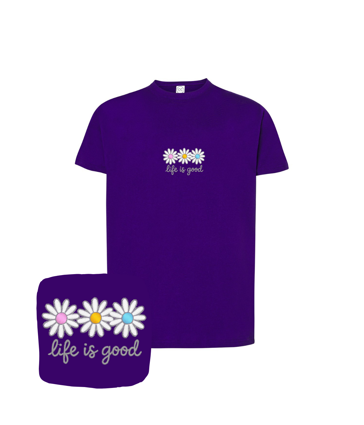 Koszulka z haftem stokrotek life is good – koszulka reklamowa z haftem life is good, od 1 sztuki