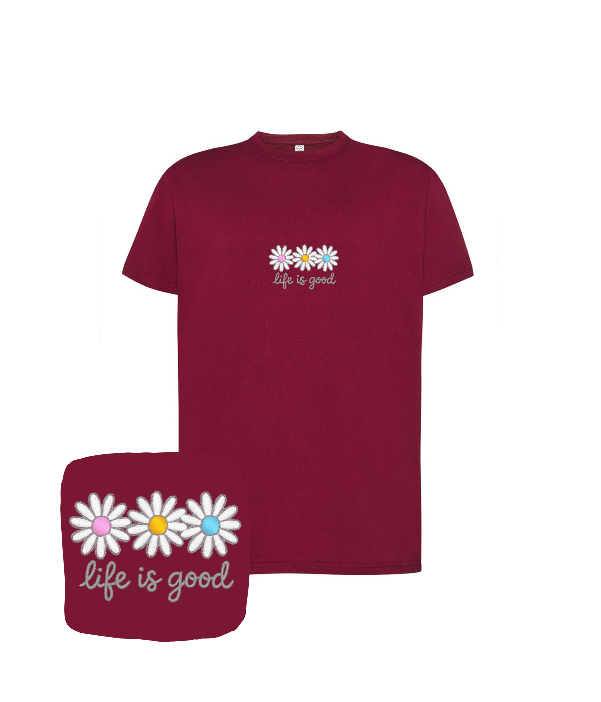 Koszulka z haftem stokrotek life is good – koszulka z ilustracją life is good, artystyczny design