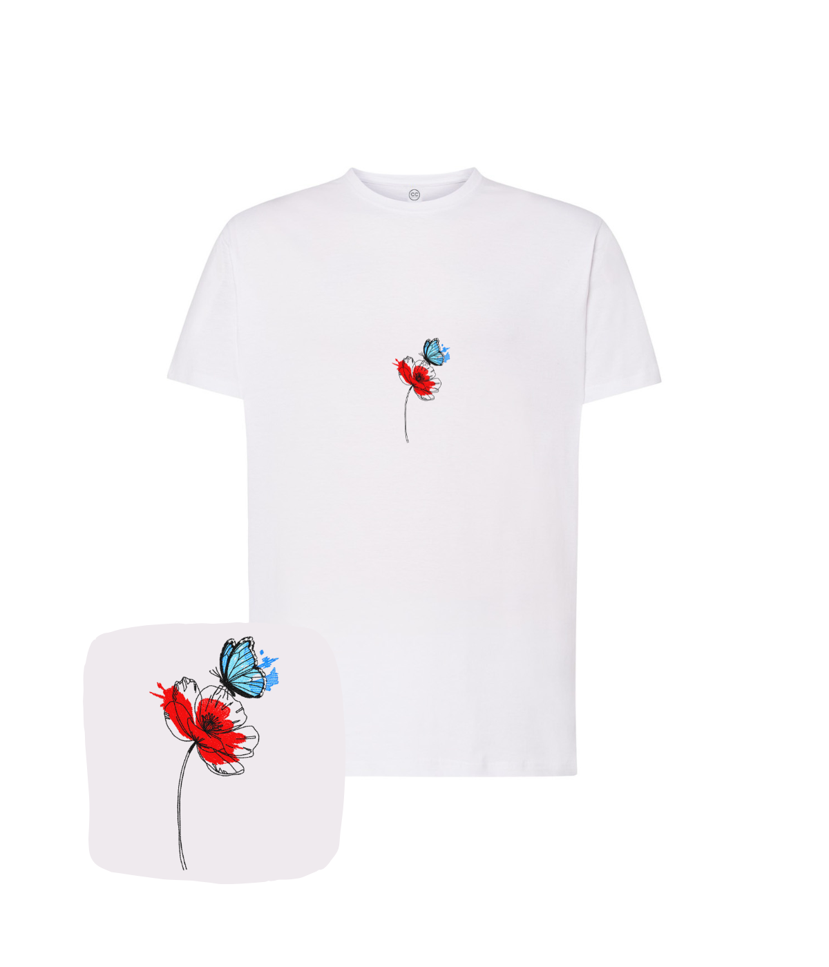 Koszulka z haftem maku z motylem – koszulka mak i motyl slim fit, elegancki fason