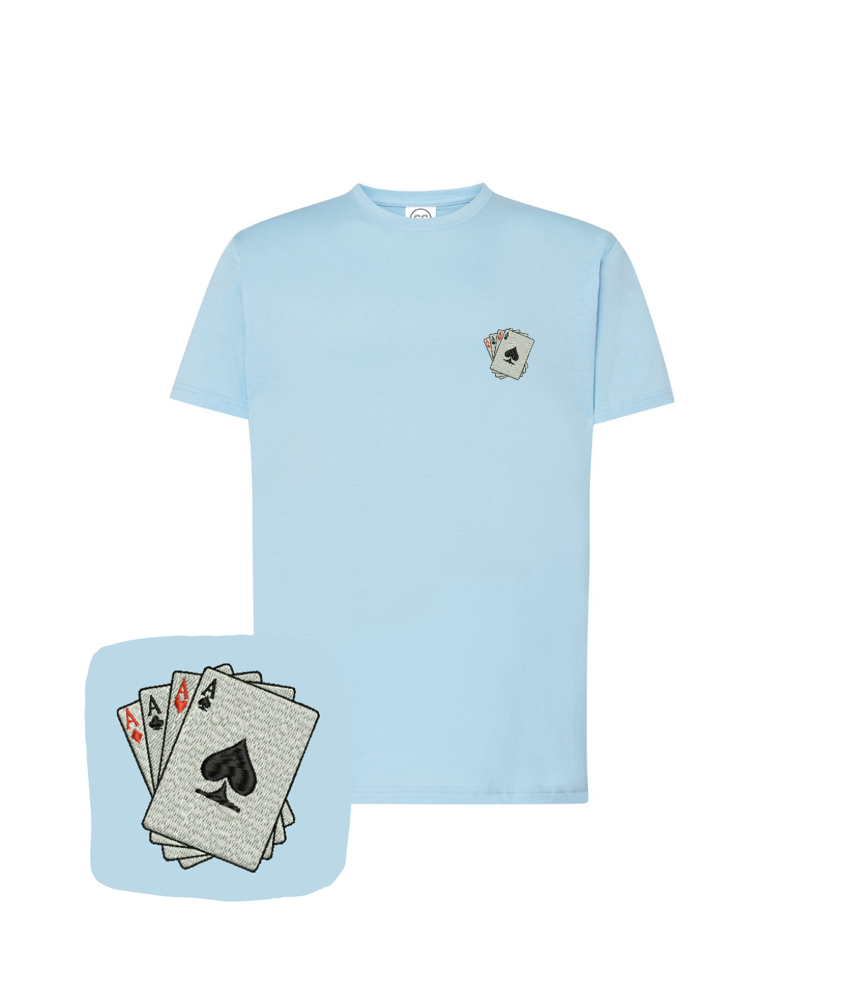 Light blue CustomClothes.pl poker T-shirt with embroidered four aces design on the front.