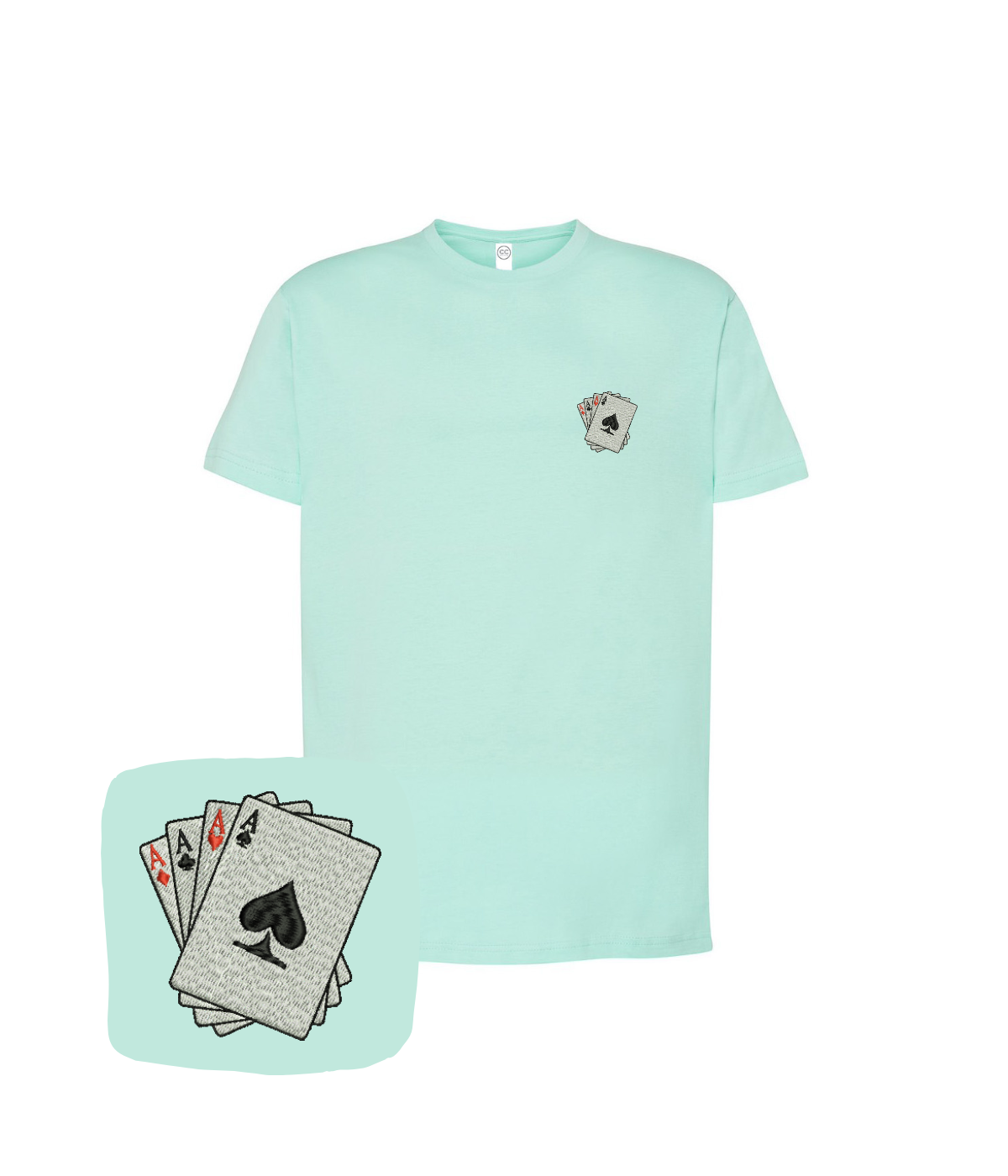 CustomClothes.pl poker shirt featuring embroidered four aces design on mint green fabric.