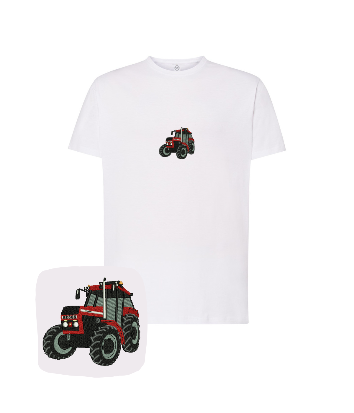 White cotton t-shirt with tractor embroidery featuring Ursus logo, designed by CustomClothes.pl.