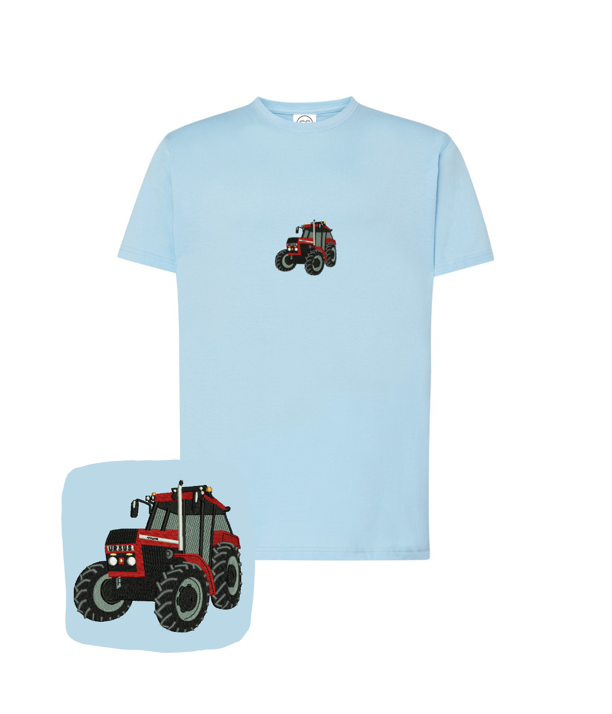 Light blue cotton t-shirt with tractor embroidery from Ursus by CustomClothes.pl, featuring detailed tractor design on front.