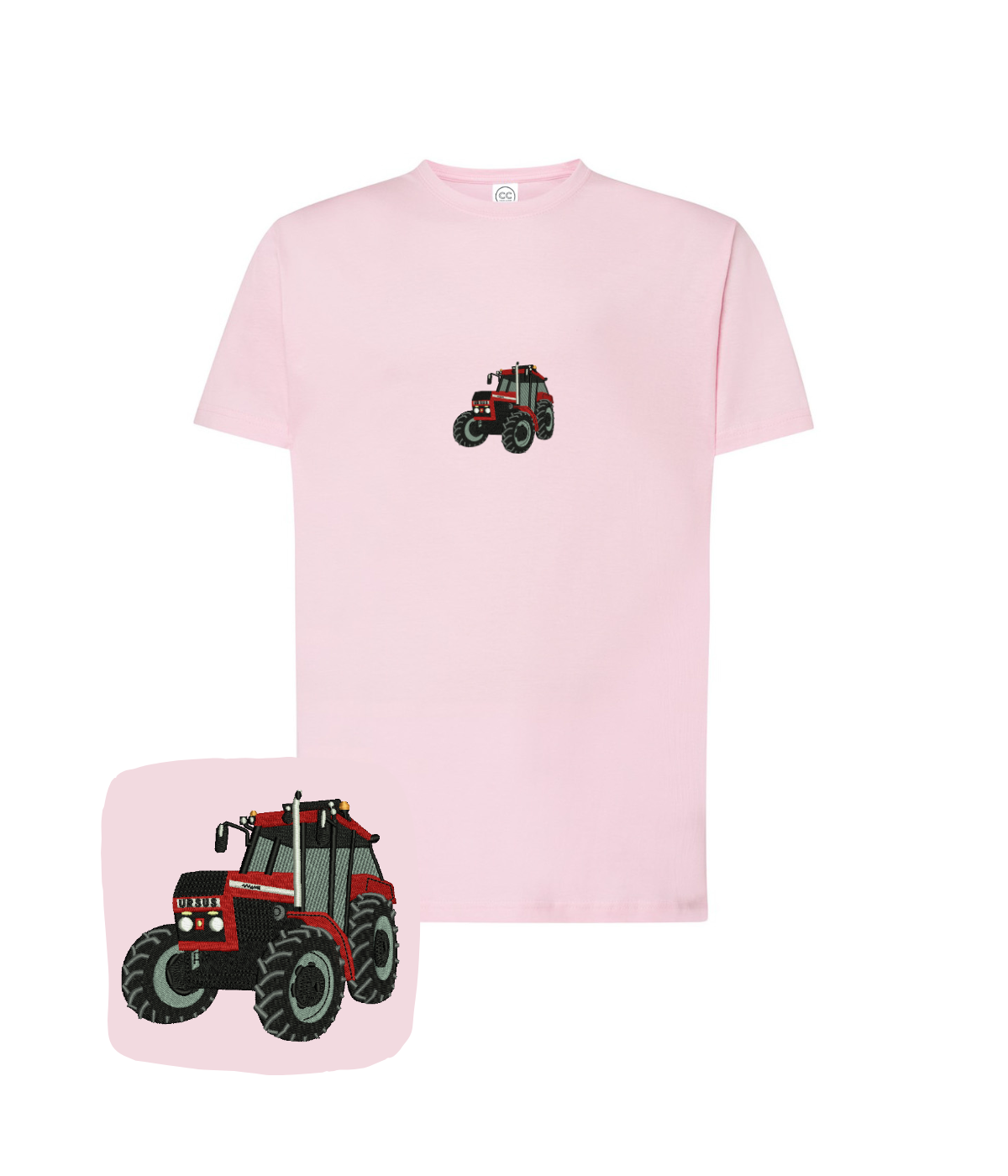 Pink cotton T-shirt with embroidered Ursus tractor design, featuring a casual fit and detailed tractor embroidery.