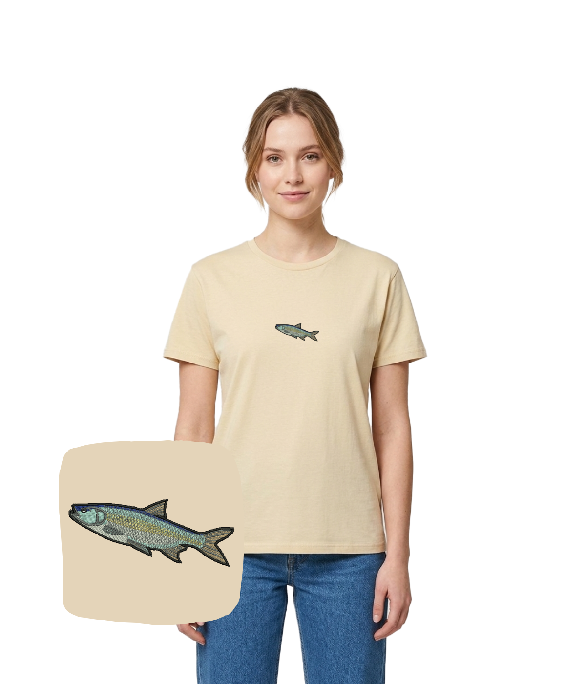 Fishing T-shirt with carp embroidery by CustomClothes.pl, showing a detailed fish design on the front.