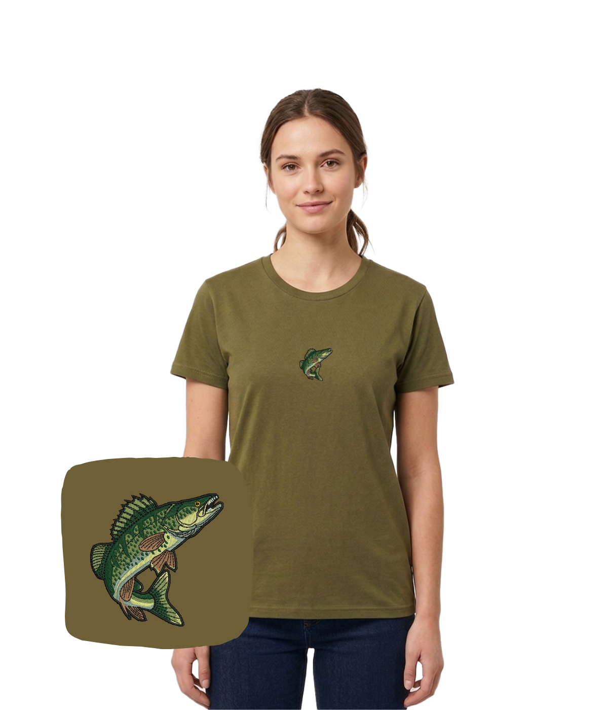 CustomClothes.pl fishing T-shirt with embroidered perch fish design, casual wear for anglers featuring detailed fish embroidery.