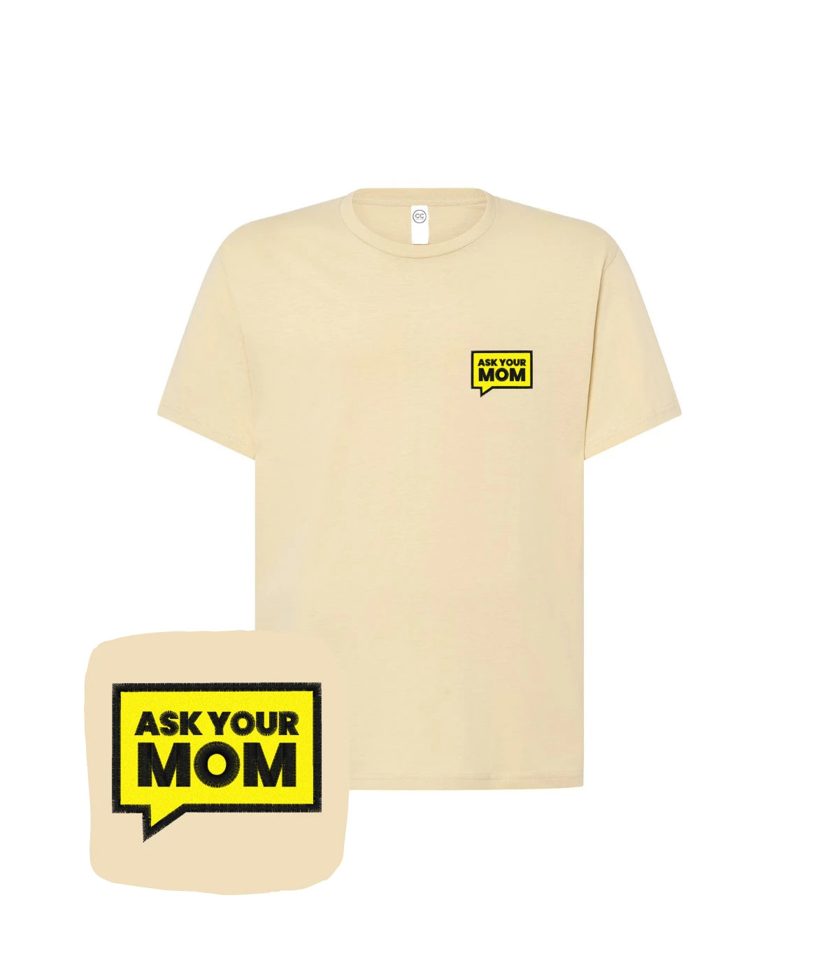 Beżowa koszulka z haftem Ask Your Mom - wyjątkowy prezent dla niej z haftem komputerowym