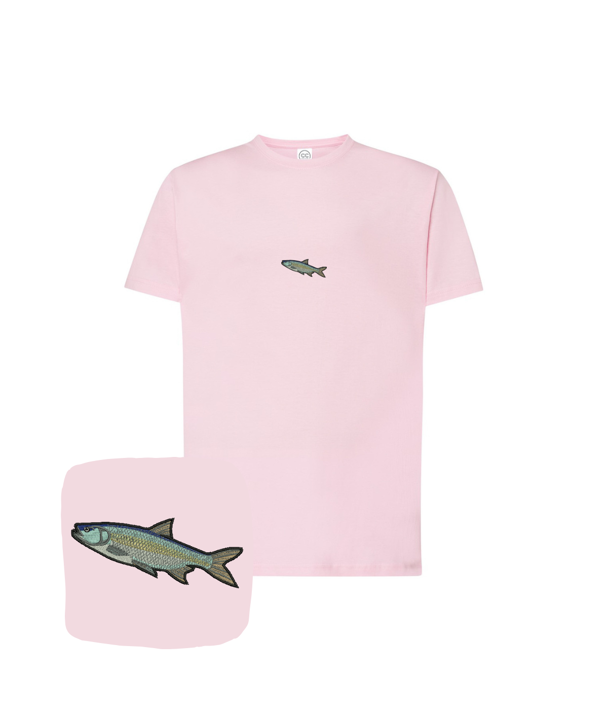 Cotton T-shirt with fish embroidery featuring a bony perch, showcasing detailed needlework on a casual men's clothing item.