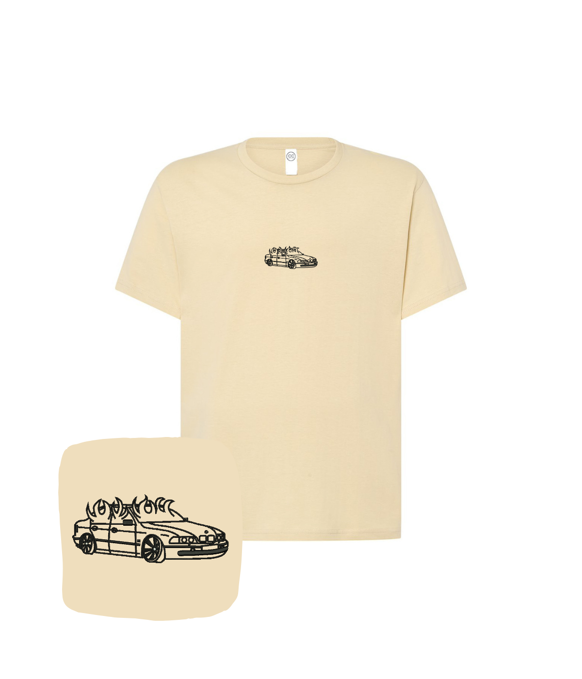 Beżowa koszulka z haftem BMW E46 w płomieniach, motoryzacyjny t-shirt od CustomClothes.pl, dla fanów samochodów i tuningu