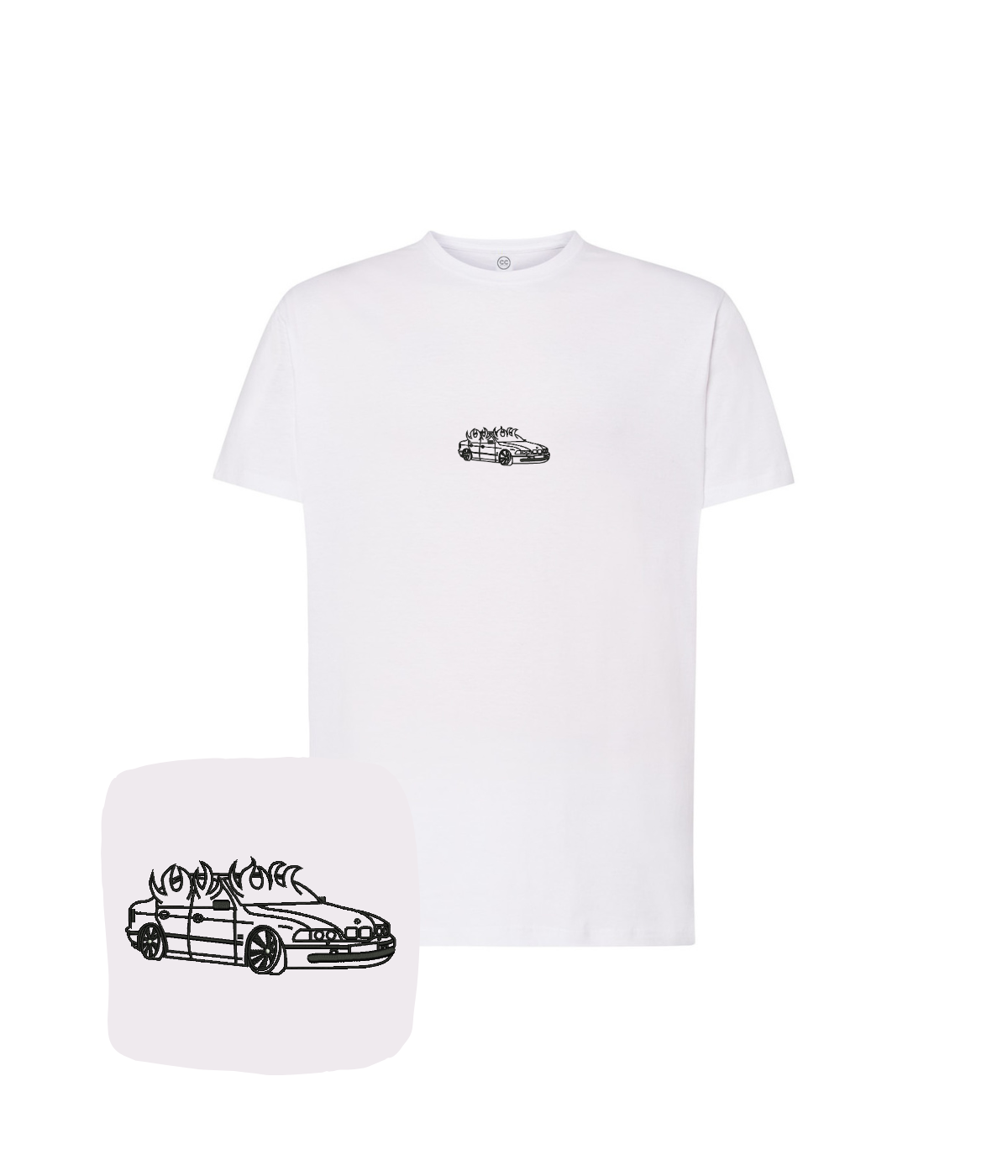 White BMW E46 embroidered t-shirt with flame design, perfect for automotive fans, by CustomClothes.pl