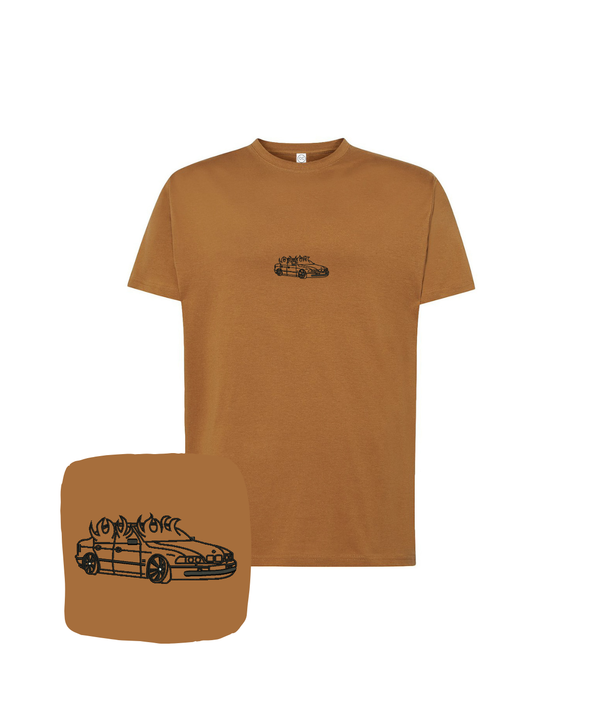 Brown BMW E46 embroidered T-shirt featuring flame design, perfect for automotive fans. Made by CustomClothes.pl.