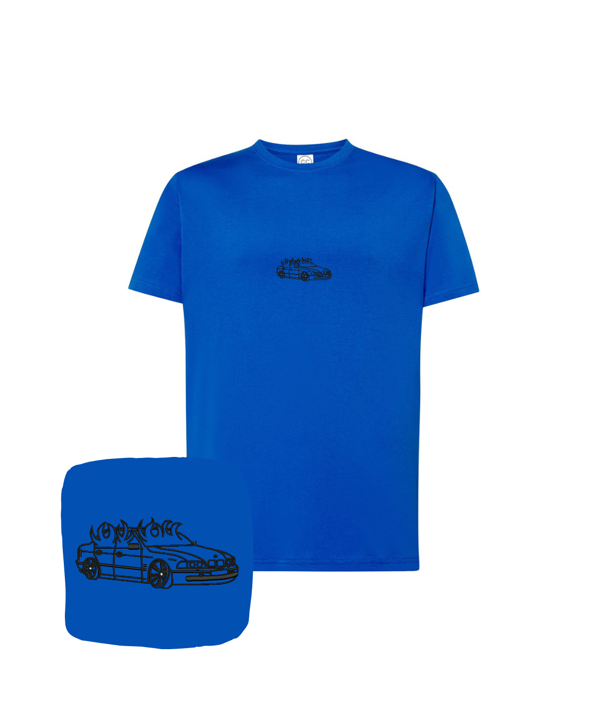 Dark blue BMW E46 embroidered T-shirt with flame design, perfect for automotive enthusiasts, by CustomClothes.pl.