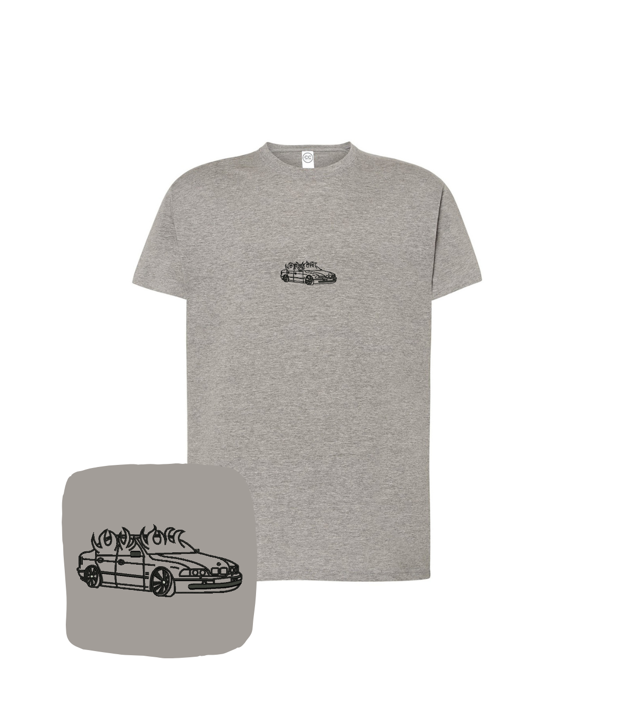 Dark gray BMW E46 embroidered T-shirt with flame design, perfect for car enthusiasts and BMW fans.