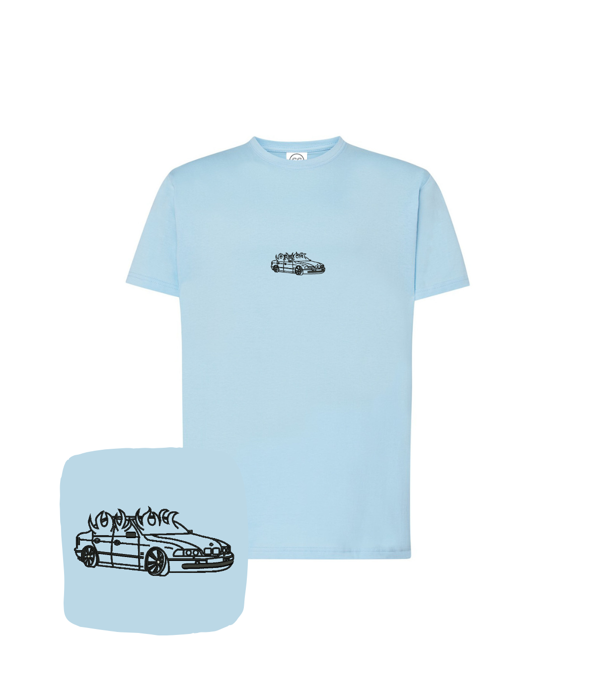 Light blue BMW E46 t-shirt with flame embroidery, custom design for car enthusiasts, featuring a detailed BMW logo and fiery motif.