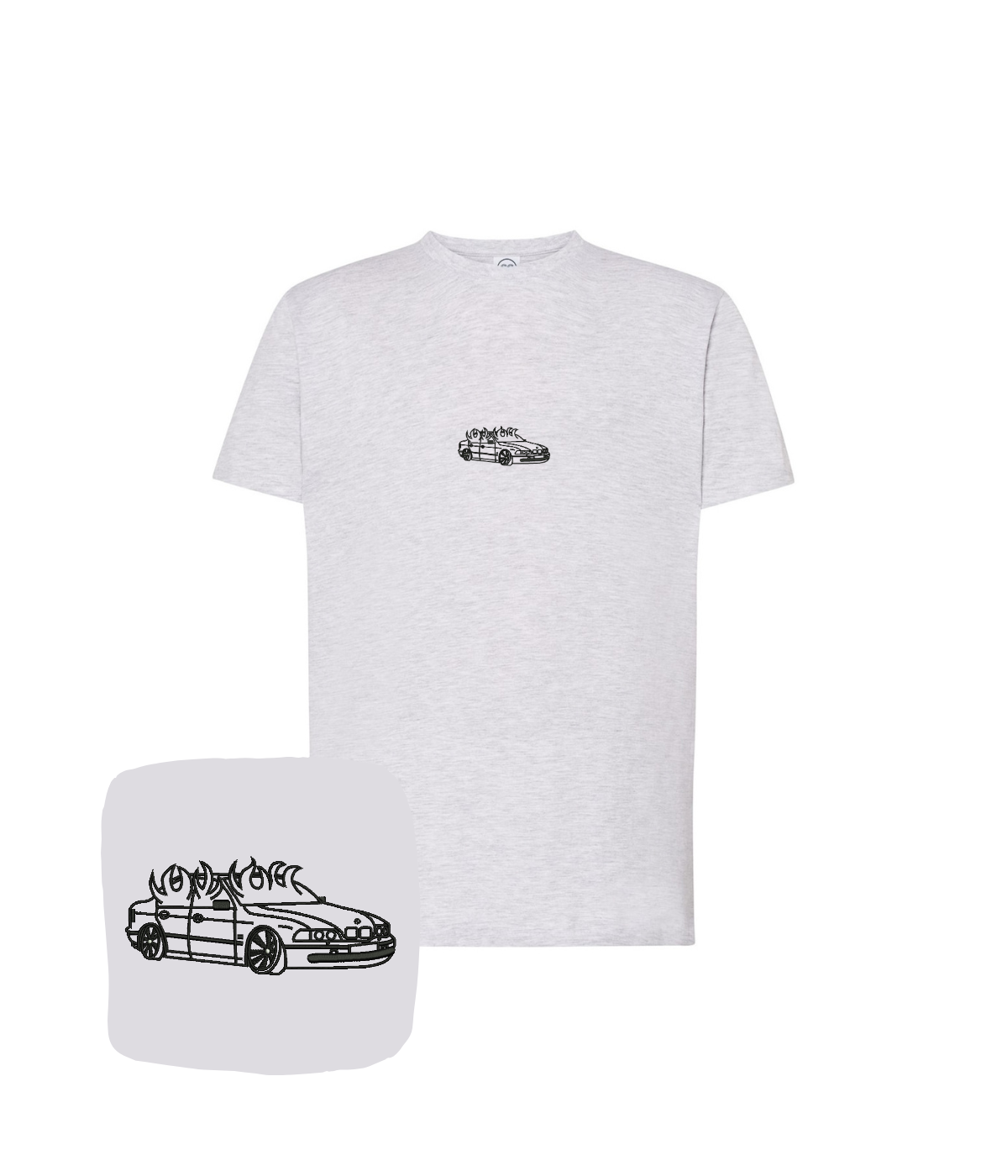 Light gray BMW E46 T-shirt with flame embroidery, custom clothing for car enthusiasts, featuring automotive branding and detailed design.