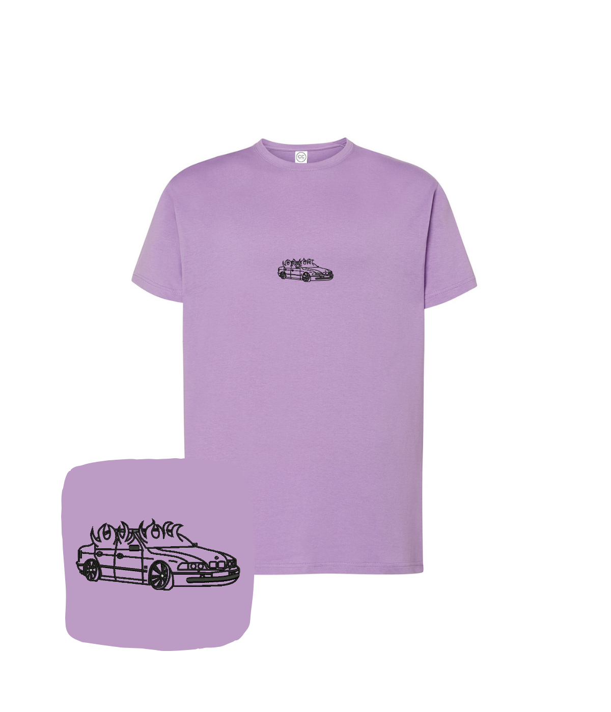 Lavender BMW E46 T-shirt with flame embroidery, featuring a custom BMW logo design, ideal for car enthusiasts.
