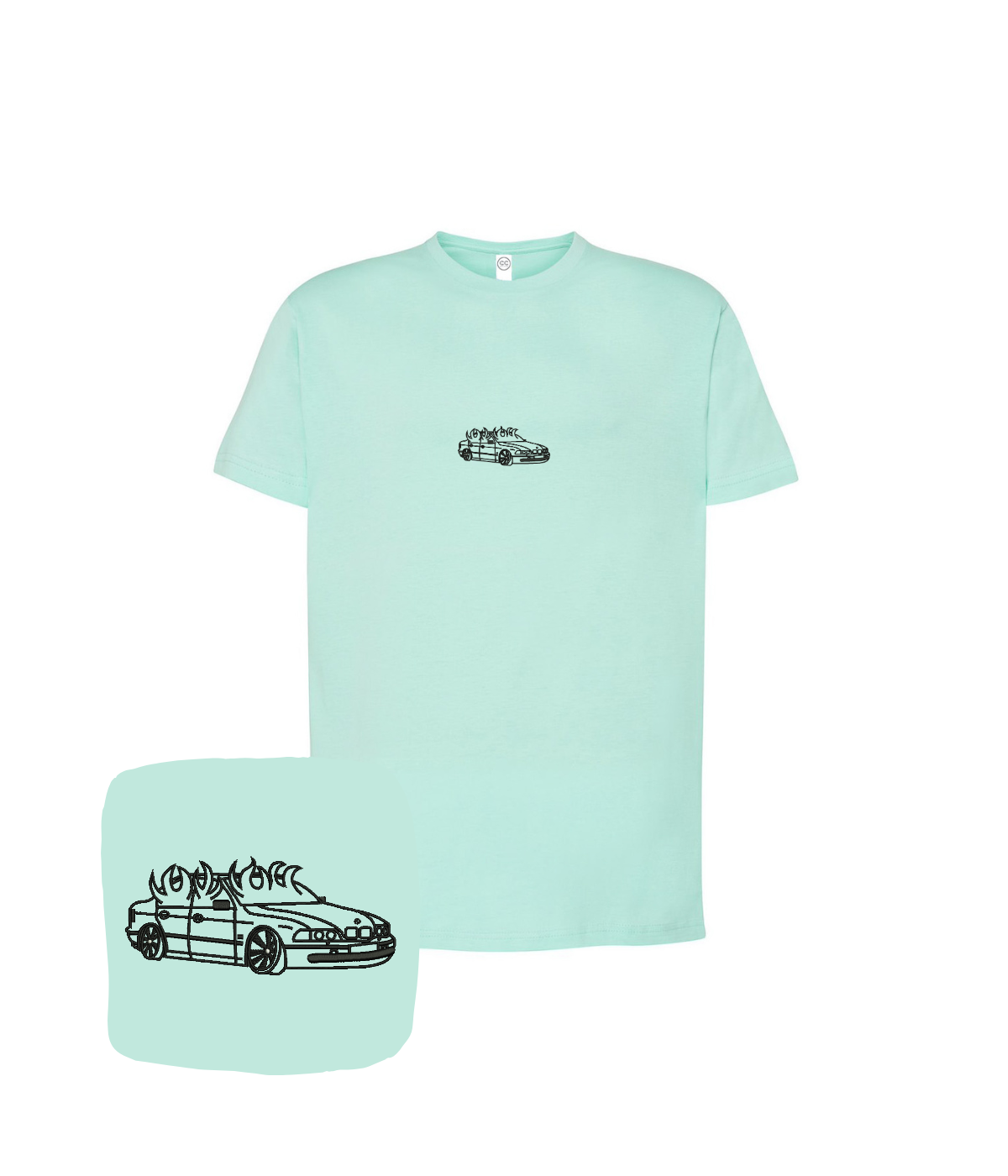 Mietowa koszulka z haftem BMW E46 w płomieniach, dla fana motoryzacji, od CustomClothes.pl, na casual wear.