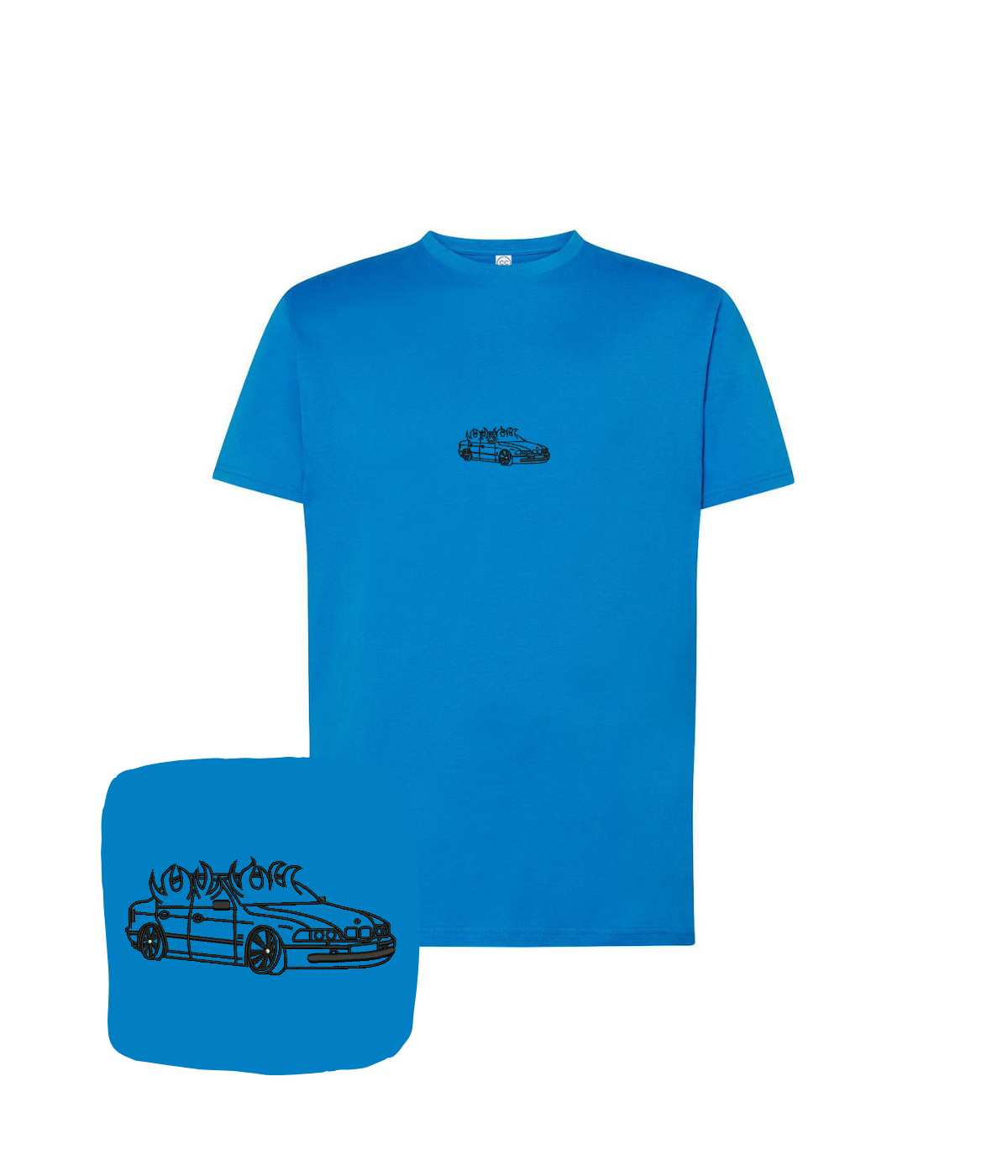 Blue BMW E46 embroidered t-shirt with flame design, ideal for automotive fans, from CustomClothes.pl.