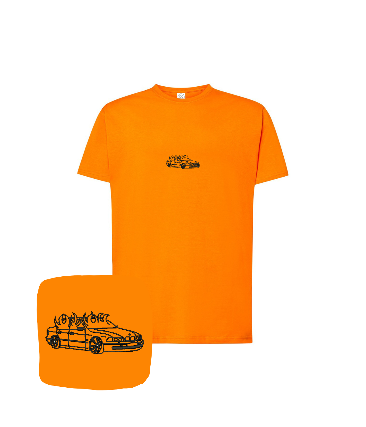 Orange BMW E46 t-shirt with flame embroidery, stylish automotive design for BMW fans, from CustomClothes.pl