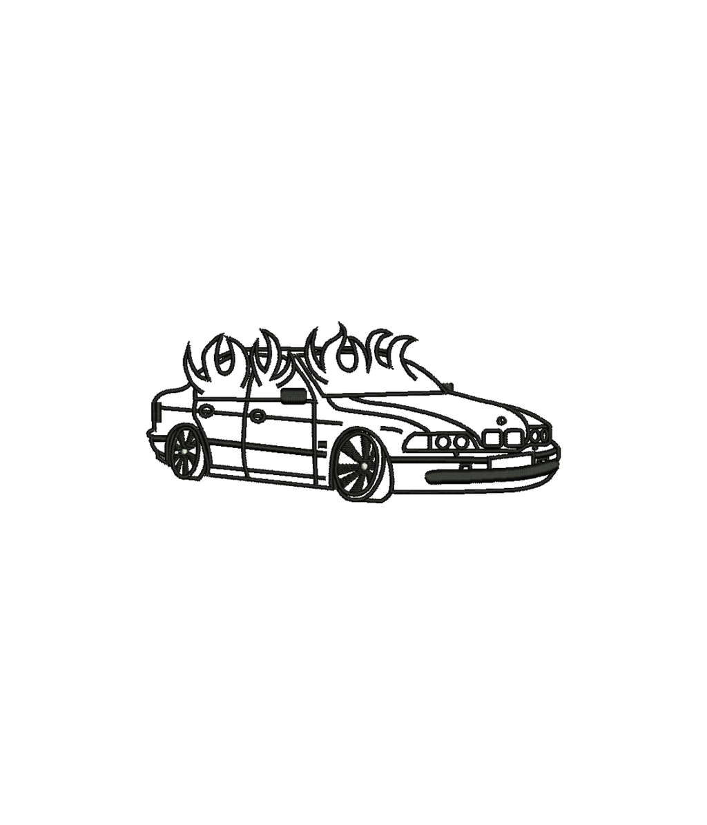 Pink BMW E46 embroidered T-shirt by CustomClothes.pl with flaming design, perfect for automotive enthusiasts.