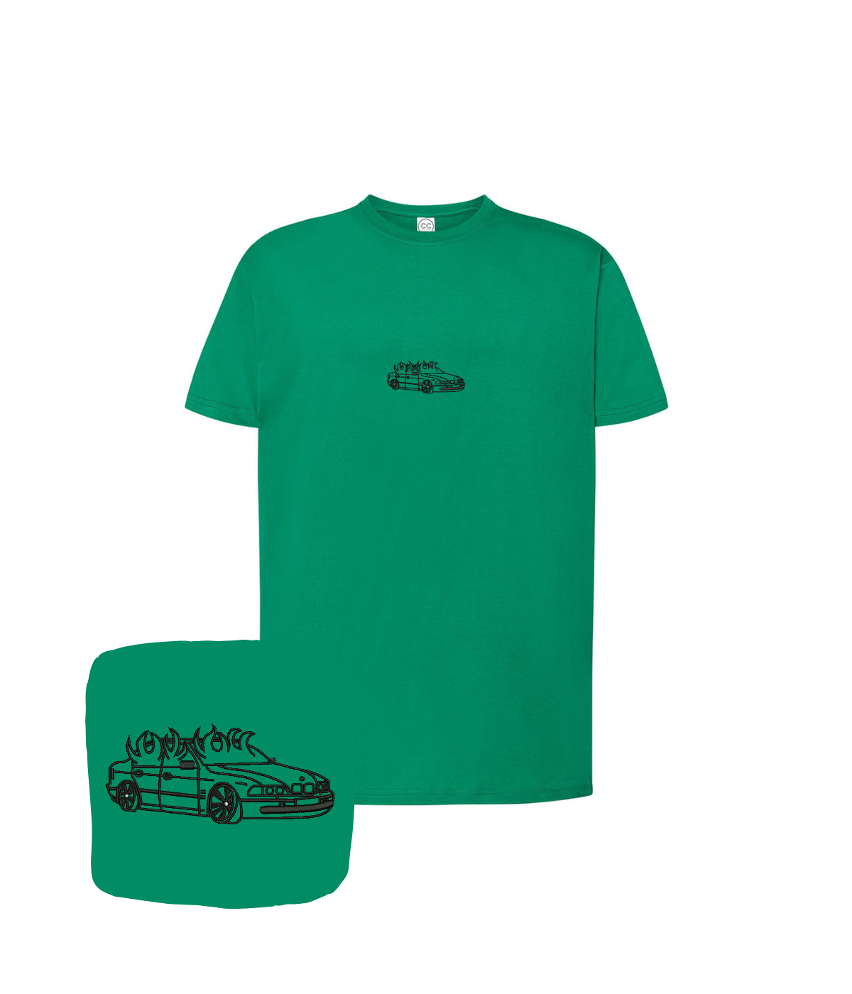 Green BMW E46-themed T-shirt with flame embroidery, designed for car enthusiasts, by CustomClothes.pl.