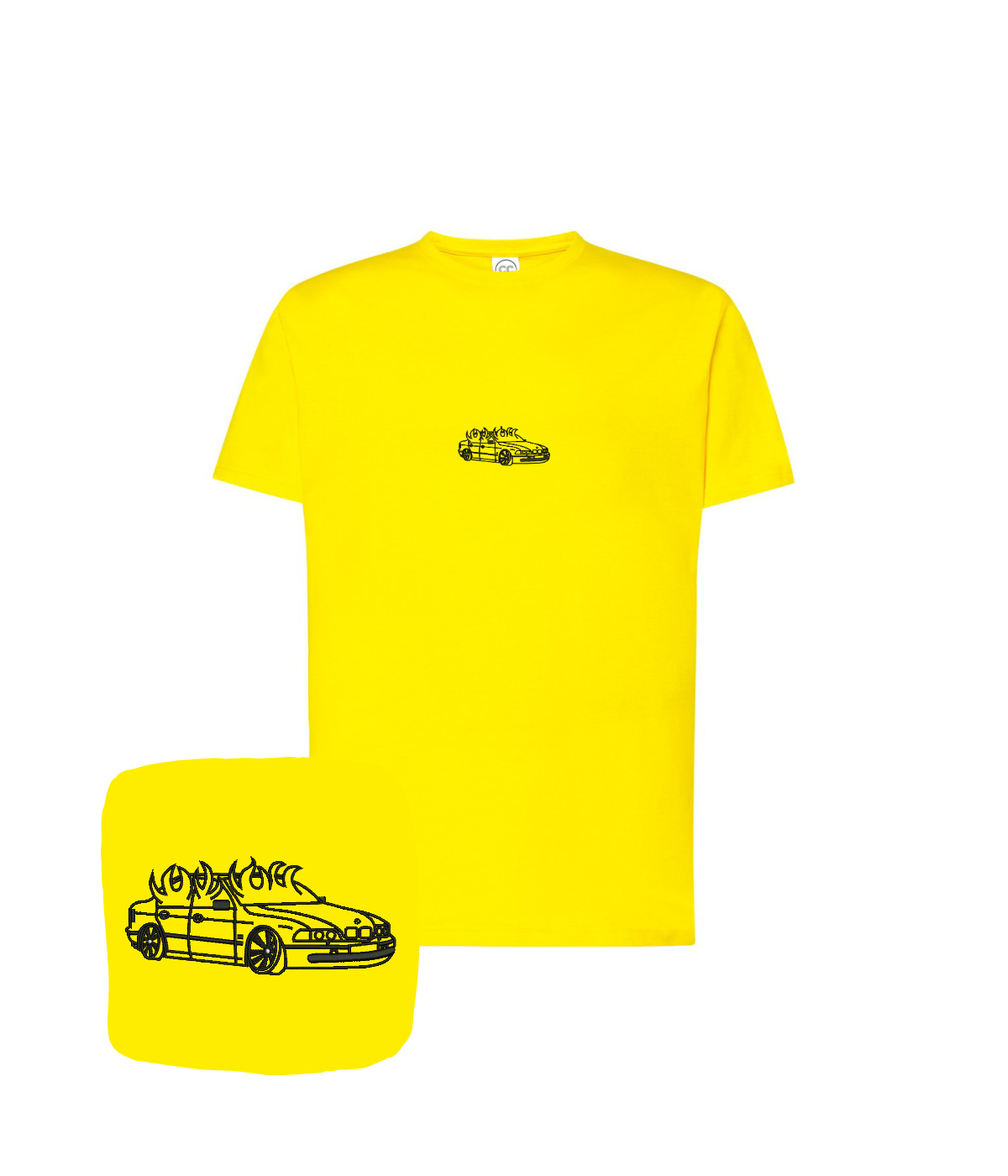 Yellow BMW E46 t-shirt with flame embroidery, featuring a detailed BMW logo for automotive enthusiasts.