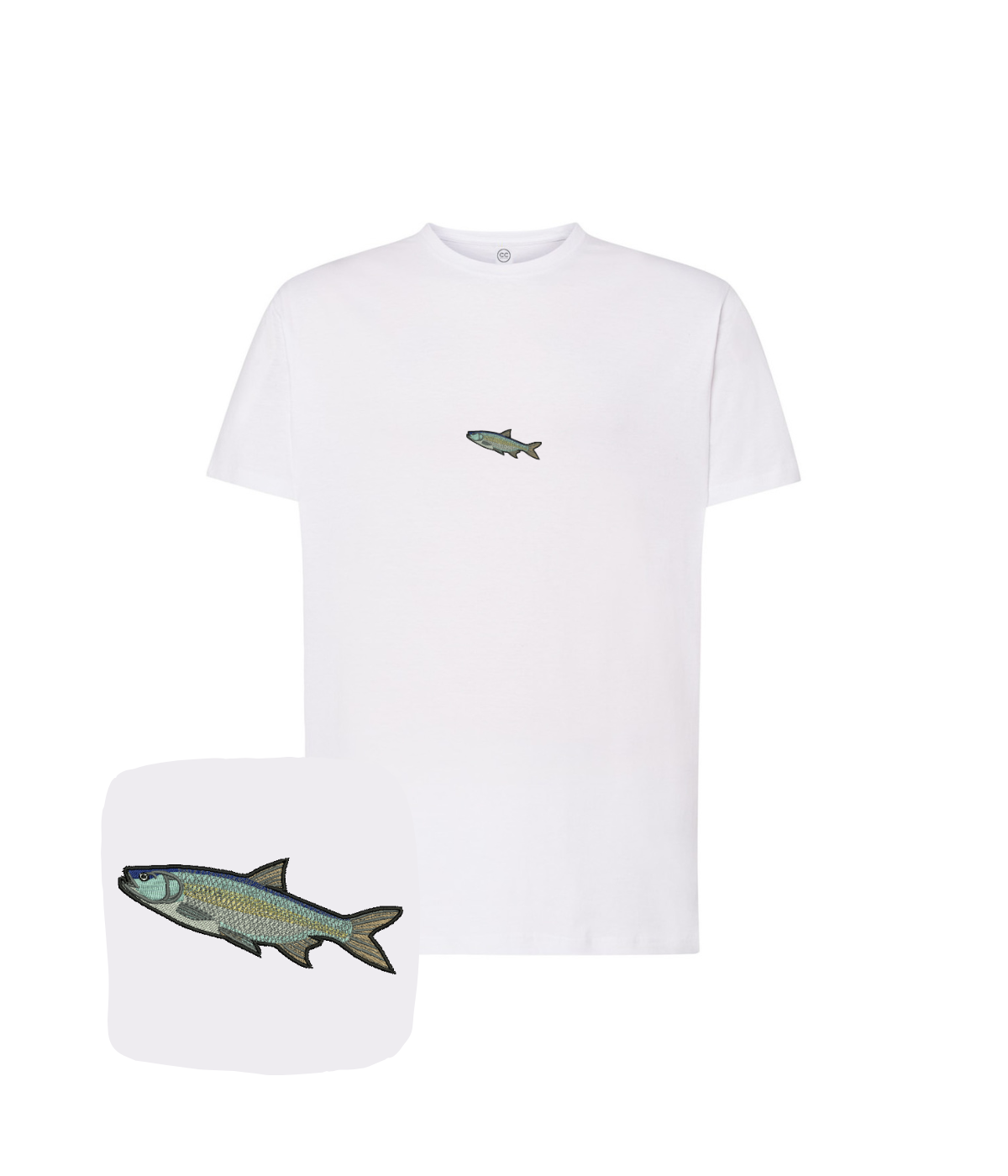 Cotton T-shirt with hand-embroidered fish boleń design, perfect for fishing enthusiasts, by CustomClothes.pl.