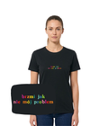 Black T-shirt with embroidered "Brzmi jak nie mój problem" slogan from CustomClothes.pl, casual fit and comfortable fabric.